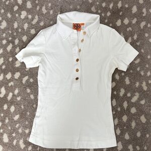 Tory Burch White Short-Sleeve Polo with Logo Buttons